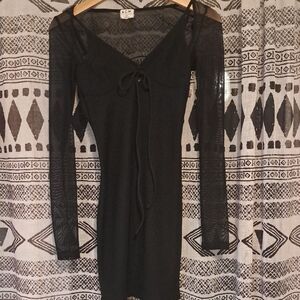 ACW Black Long Sleeve Mesh Midi Dress with Tie Front